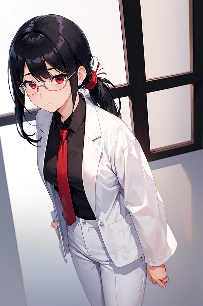 1girl,{zombie},black hair,ponytail,red eyes,wearing glasses,nurse hat,medium breast,sweat,long black boots,standing,nurse suit