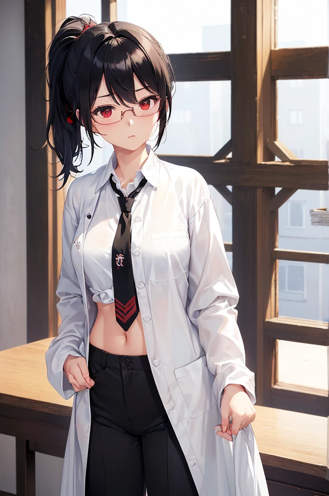 (masterpiece; best quality: 1.2), (finely detailed eyes: 1.3), ((25 year old woman)), ((solo)), (red eyes: 1.4), (body; gorgeous, luscious, femenine: 1.3), (silky black hair + low ponytail: 1.3), (beautiful and clear background: 1.2), ((depth of field)), (equipment: labcoat + shirt black + necktie white + pants white + square glasses black: 1.3), (anime illustration: 1.2), (background composition; japanese highschool classroom + furniture: 1.1), (extremely fine and beautiful: 1.1), (shot composition; standing + centered on torso + close-up: 1.5), (expression; calm, stoic: 1.2)