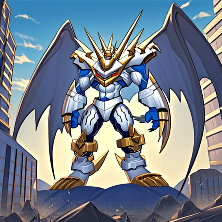 (solo. masterpiece. official art. 8k. best quality. detailed full body. full body.)
 
(situation 1 : dominating Imperialdramon_Paladin_Mode. Imperialdramon_Paladin_Mode is over 1000 meters long. focus GIANT mechanical Muscular Imperialdramon_Paladin_Mode is trampling the city. Looking down. macro. stomp. Low-angle perspective. emphasizing the immense size.)

(situation 2 :smoke and flames rising from the destruction in the city)

(Additional details 1: full plate armor. armor. sword. holding a sword. gauntlet. full plate armor. change blue to white.).

(Additional details 2: (Detailed head. Detailed Body. Detailed abs. gigantic muscles. HYPER MUSCLES. Gigachad Muscular. big muscle. pecs. triceps. traps. unusually developed muscular body. body full of huge muscles. showing off muscles. pectorales enormes. Exaggeratedly huge muscles. huge muscles. long legs.).

(Additional details 3: Spread wings. It has wings. have big wings. The claws are sharp. Sharp teeth.).