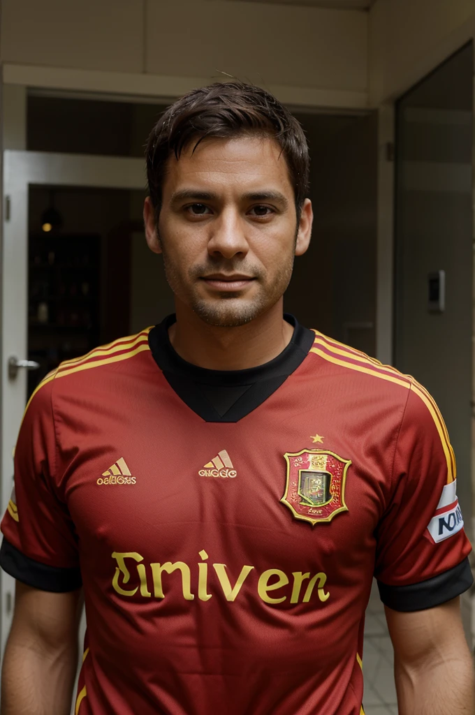 Make a photo of a 36 year old boy, wearing a Spanish football jersey, original real photo