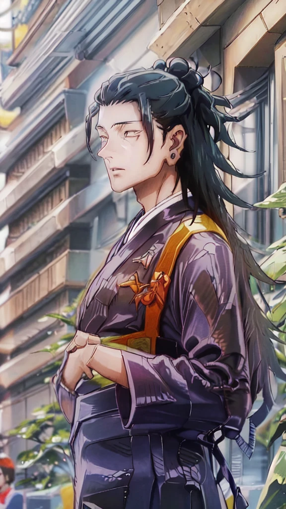 CHARACTER OF A PERSON WITH BLACK HAIR, LONG AGA, BROWN EYES, HANDSOME FACE, WEARING A KIMONO. NAMED "SUGURU GETO" IN THE ANIME STORY SERIES"(JUJUTSU KAISEN), IT STANDS IN THE MIDDLE OF A BEAUTIFUL CITY, WITH REALISTIC -8K HDR EFFECTS.