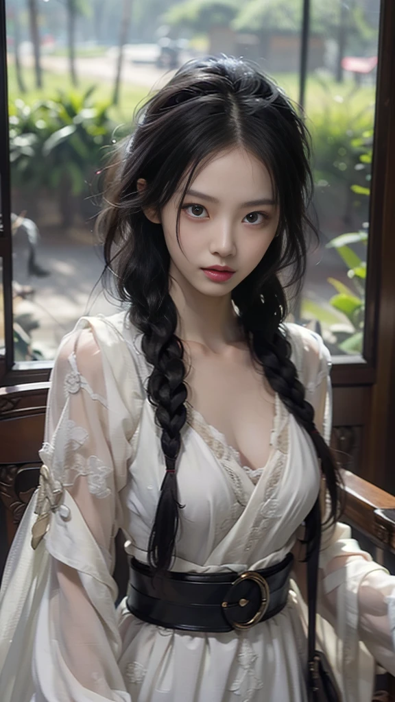 best quality,Super detailed,masterpiece,Employment,8K,Extremely detailed CG unifies 8K, 8K, diamond, and wallpaper，lifelike, Surreal, The original, Intricate details，Detailed face，Exquisite eyes, Skin smooth and soft, Delicate face, Big shining eyes，1 beautiful girl, 18 years old， Super beautiful face details, Smiling shyly, Medium breasts，(Red wide belt)，White transparent dress，braid