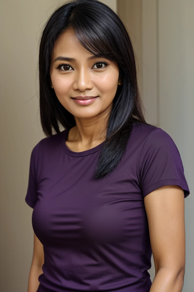 Malay face, brown skin, 41 years old, young face, tied black hair, short-sleeved purple shirt, cute, female, mother