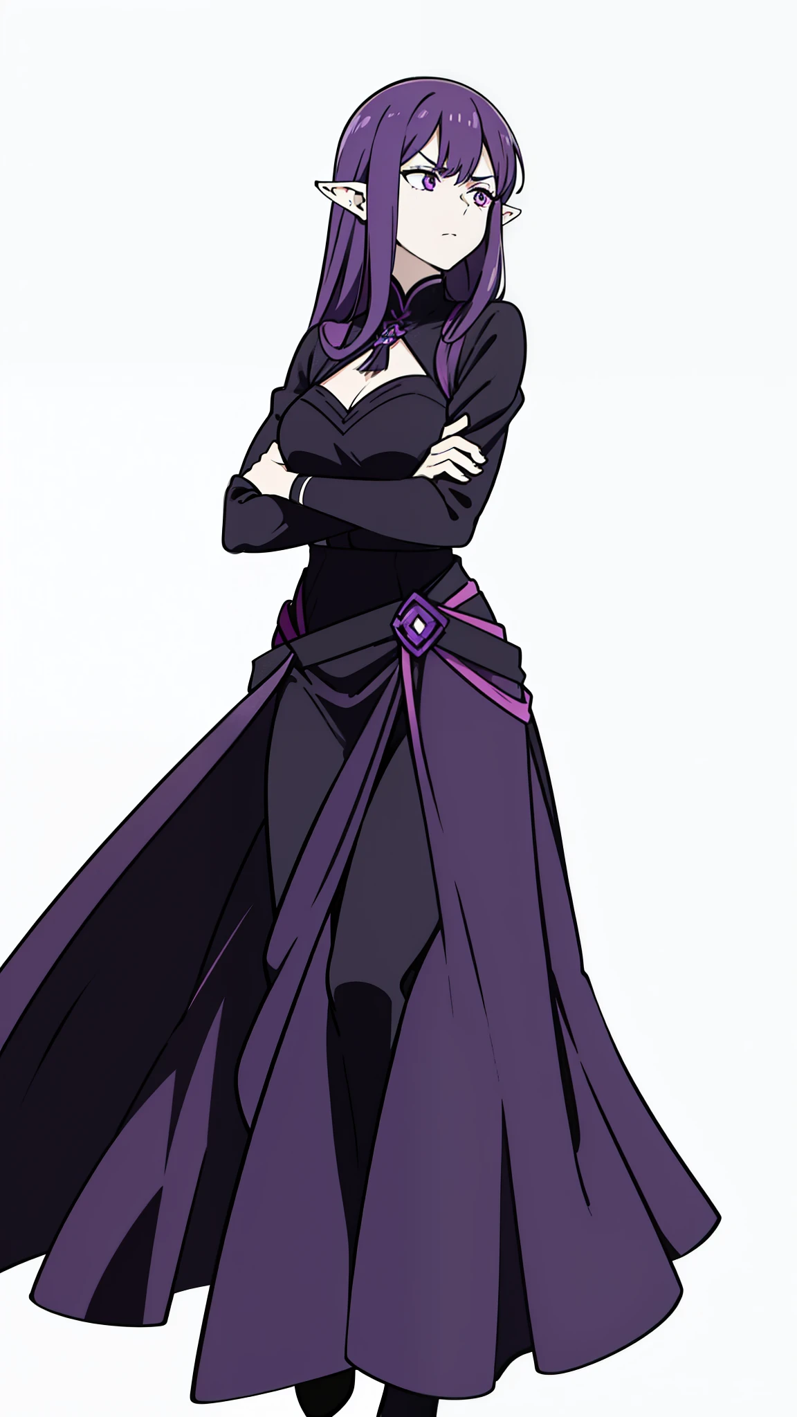 (1girl,30 years old,mature female),pointy ears,purple eyes,purple hair,long hair,angry,black dress,crossed arms,looking away(white background,line drawing)