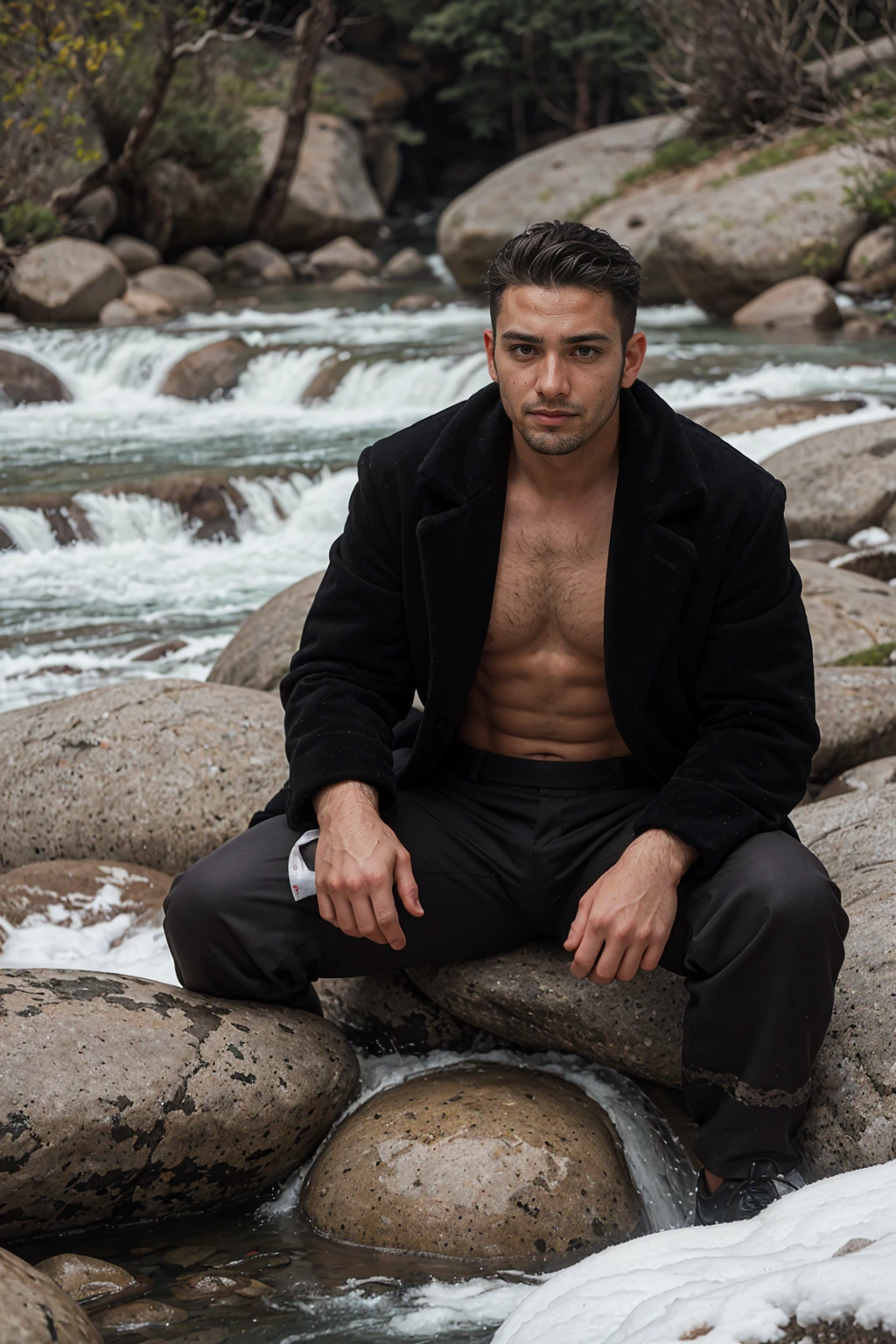 Real image of a handsome Turkish man model 30 years old without shirt, with a black fur coat, tailor wearing white pants sitting on a rock, looking seriously at the camera. a mountain stream behind, arid and snowy area. Landscape of Mendoza Argentina.