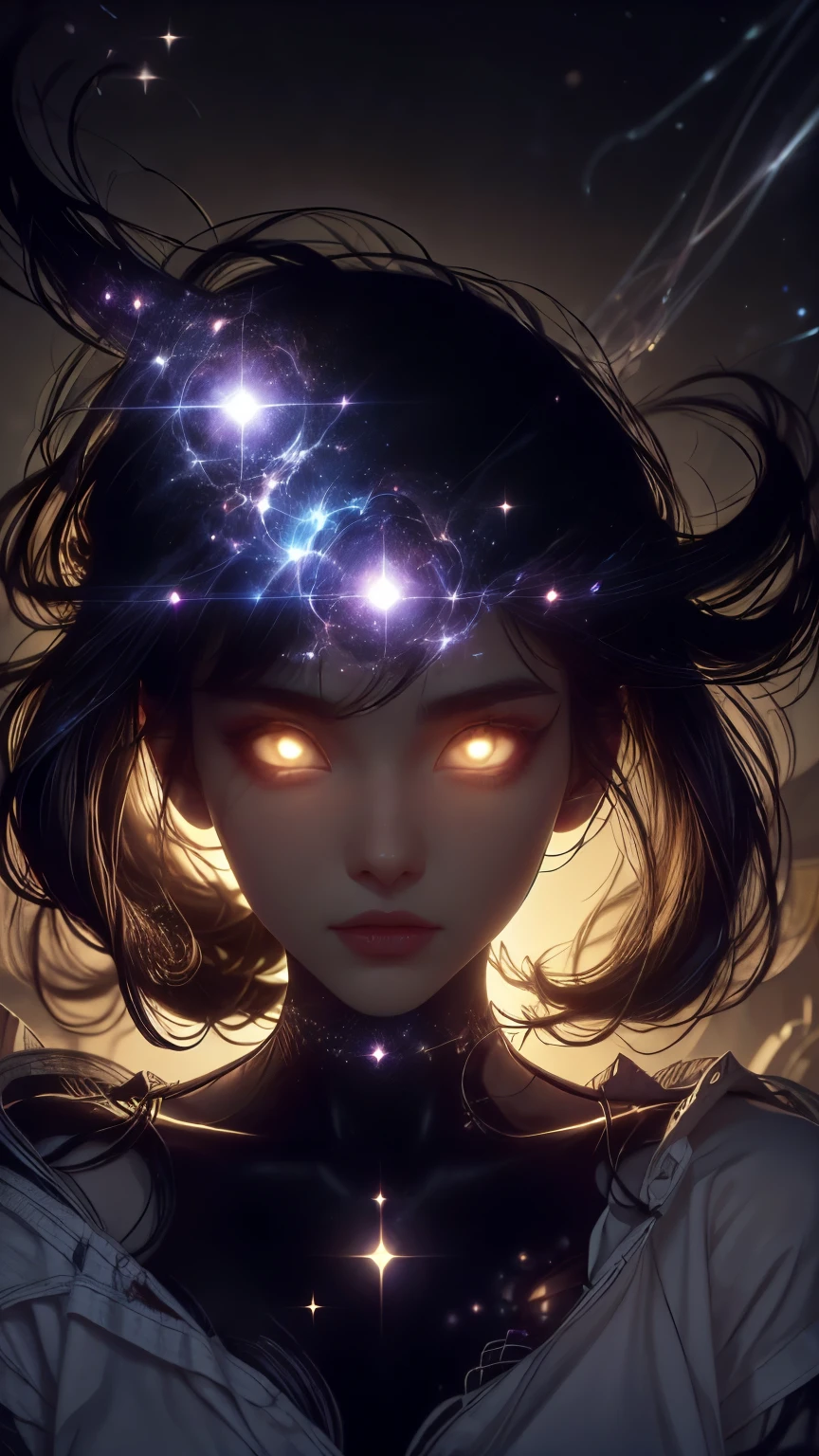 Extremely beautiful divine woman, made of cosmos, glare eyes, she is holding a mystical energy, your hair is flying.