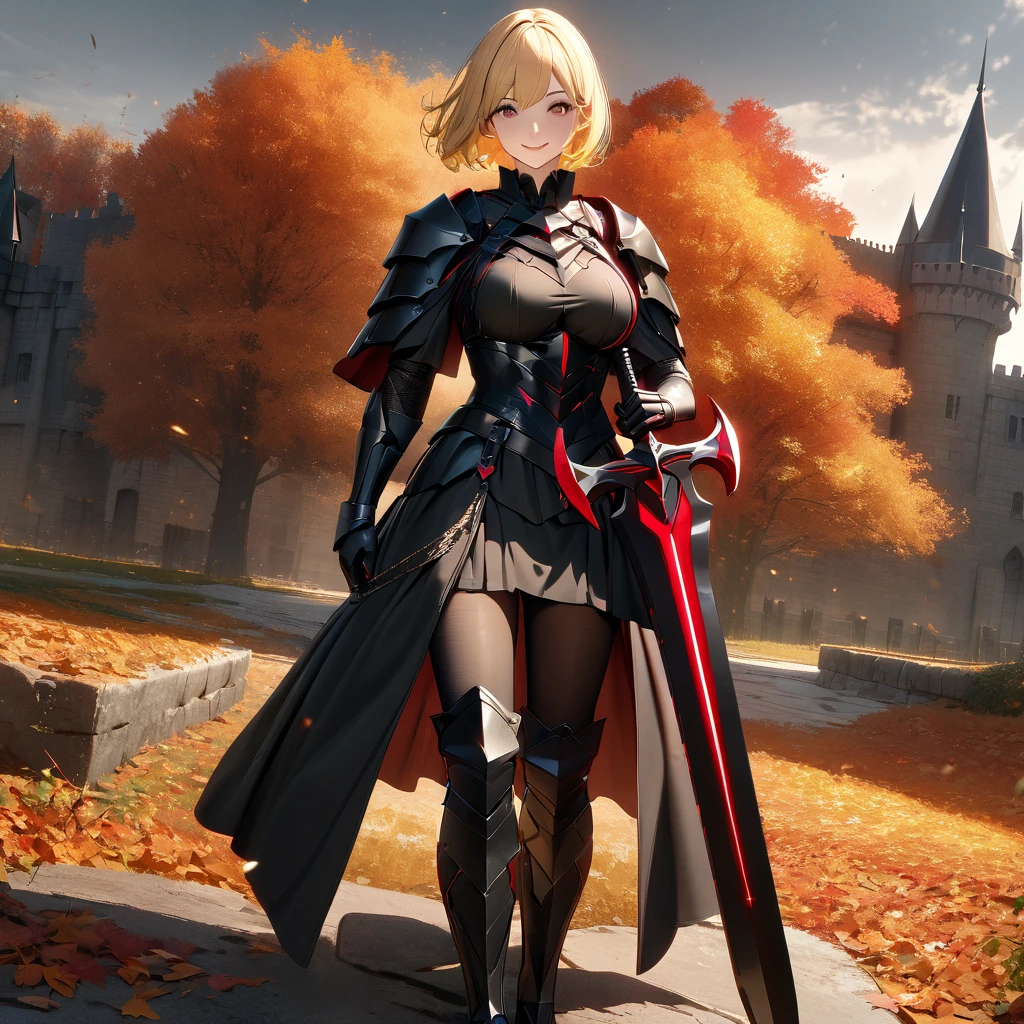 A woman wearing heavy black armor with red details, black metal bracelet, black metal boots, wearing black helm with exposed face, blonde hair, short hair, red bangs, multi-colored hair, large breasts, holding a red sword with red lightning on the sword, smiling, sadistic smile, standing on a concrete platform overlooking a black Gothic style castle, with a wide view of the lawn in the autumn climate, autumn trees.UHD , prime work , accurate , anatomically correct , textured skin , super details , high quality , best quality, 8k, high resolution, bokeh effect. (woman alone), close view. realistic
