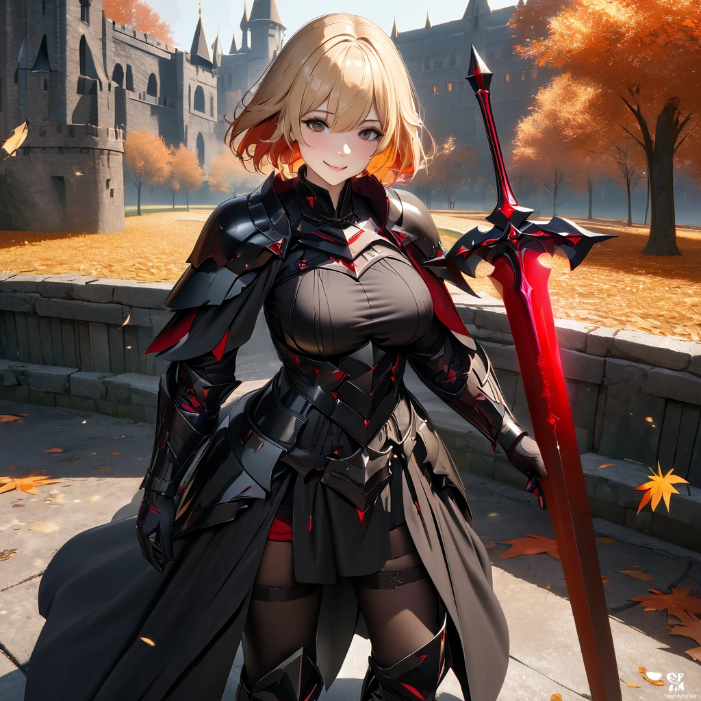 A woman wearing heavy black armor with red details, black metal bracelet, black metal boots, wearing black helm with exposed face, blonde hair, short hair, red bangs, multi-colored hair, large breasts, holding a red sword with red lightning on the sword, smiling, sadistic smile, standing on a concrete platform overlooking a black Gothic style castle, with a wide view of the lawn in the autumn climate, autumn trees.UHD , prime work , accurate , anatomically correct , textured skin , super details , high quality , best quality, 8k, high resolution, bokeh effect. (woman alone), close view. realistic
