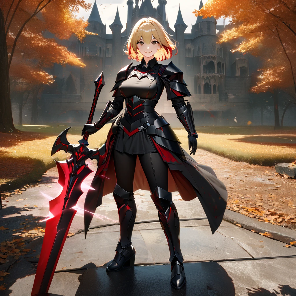 A woman wearing heavy black armor with red details, black metal bracelet, black metal boots, wearing black helm with exposed face, blonde hair, short hair, red bangs, multi-colored hair, large breasts, holding a red sword with red lightning on the sword, smiling, sadistic smile, standing on a concrete platform overlooking a black Gothic style castle, with a wide view of the lawn in the autumn climate, autumn trees.UHD , prime work , accurate , anatomically correct , textured skin , super details , high quality , best quality, 8k, high resolution, bokeh effect. (woman alone), close view. realistic
