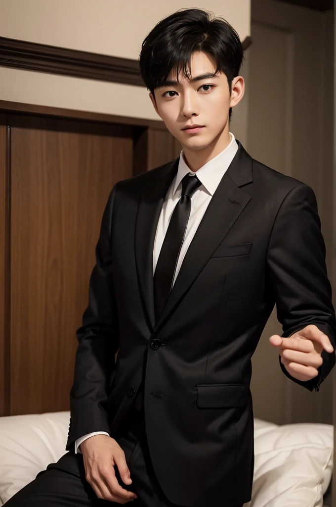 (Masterpiece、Perfect beauty), (Young Man, Black short hair), (secretary, suit, formal), President&#39;s office, Modern Office,Subdued lighting,