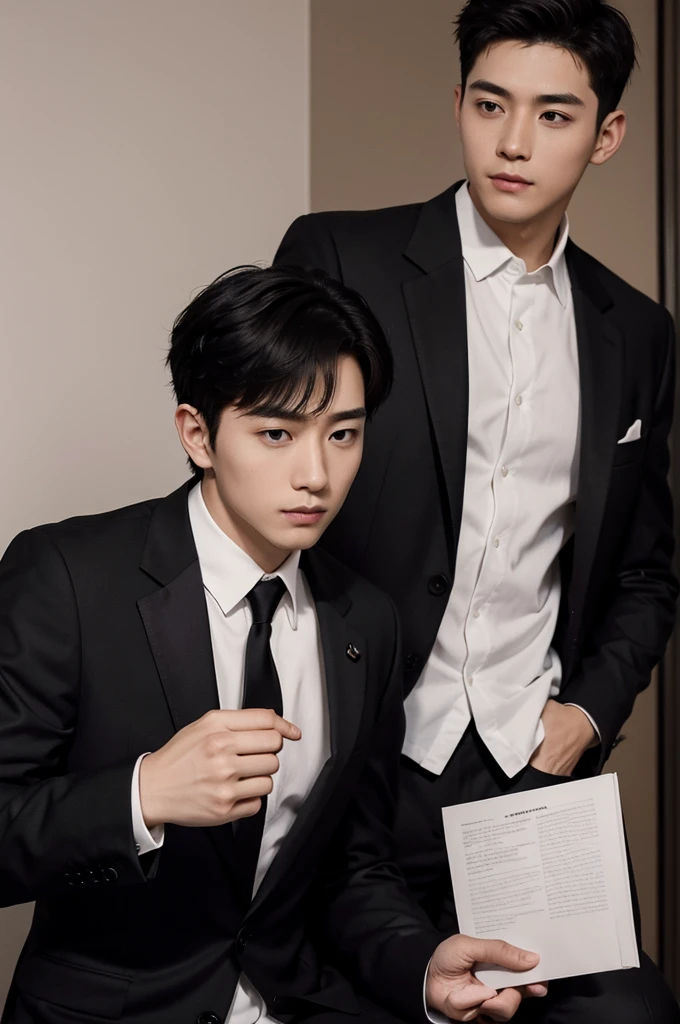 (Masterpiece、Perfect beauty), (Young Man, Black short hair), (secretary, suit, formal), President's office, Modern Office,Subdued lighting,