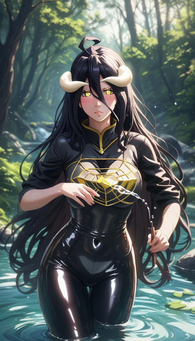 (hero neisan art style:0.7), score_9, score_8_up, score_7_up, score_6_up, uncensored, albedo, long hair, black hair, horns, demon girl, demon horns, albedo (overlord), hair between eyes, yellow eyes, slit pupils, BREAK (masterpiece:1.2), best quality, high resolution, (illustration:0.8), (detailed eyes:1.3), perfect lighting, extremely detailed CG, (perfect hands, perfect anatomy),  latex bikesuit, solo, nature,  outdoors, standing, forest, looking_at_viewer, water, blurry, tree, blurry_foreground, water_drop, rock, depth_of_field, 