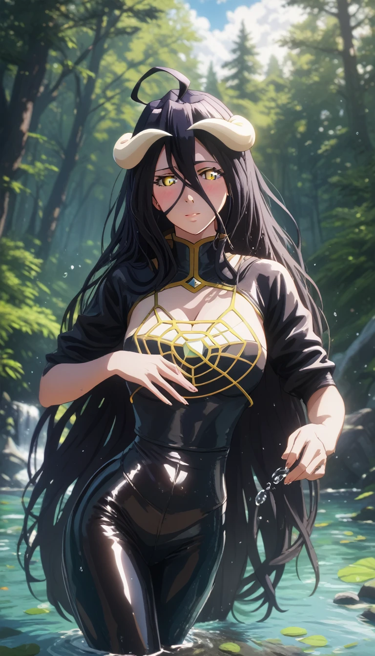 (hero neisan art style:0.7), score_9, score_8_up, score_7_up, score_6_up, uncensored, albedo, long hair, black hair, horns, demon girl, demon horns, albedo (overlord), hair between eyes, yellow eyes, slit pupils, BREAK (masterpiece:1.2), best quality, high resolution, (illustration:0.8), (detailed eyes:1.3), perfect lighting, extremely detailed CG, (perfect hands, perfect anatomy),  latex bikesuit, solo, nature,  outdoors, standing, forest, looking_at_viewer, water, blurry, tree, blurry_foreground, water_drop, rock, depth_of_field, 