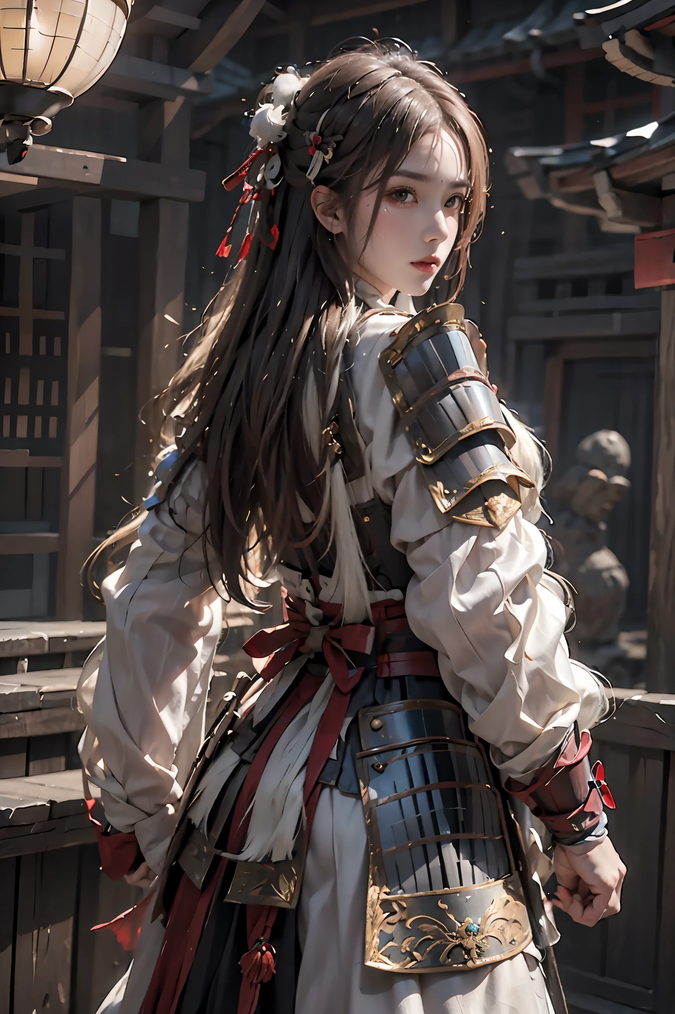 female,masterpiece, realistic, best quality, ultra detailed, hips up,from behide, looiking back ,long hair, jewelery, samurai armor, shogun armor,straw cape