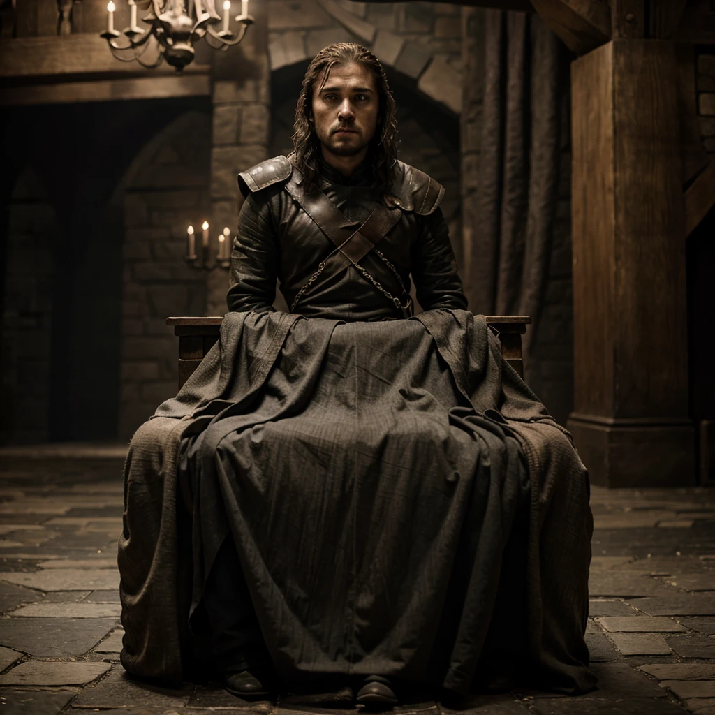 Game of Thrones men&#39;s outfit, a light beige suit with small gold details, the suit is made of brocade. The background shows the interior of the Great Sept of Baelor..