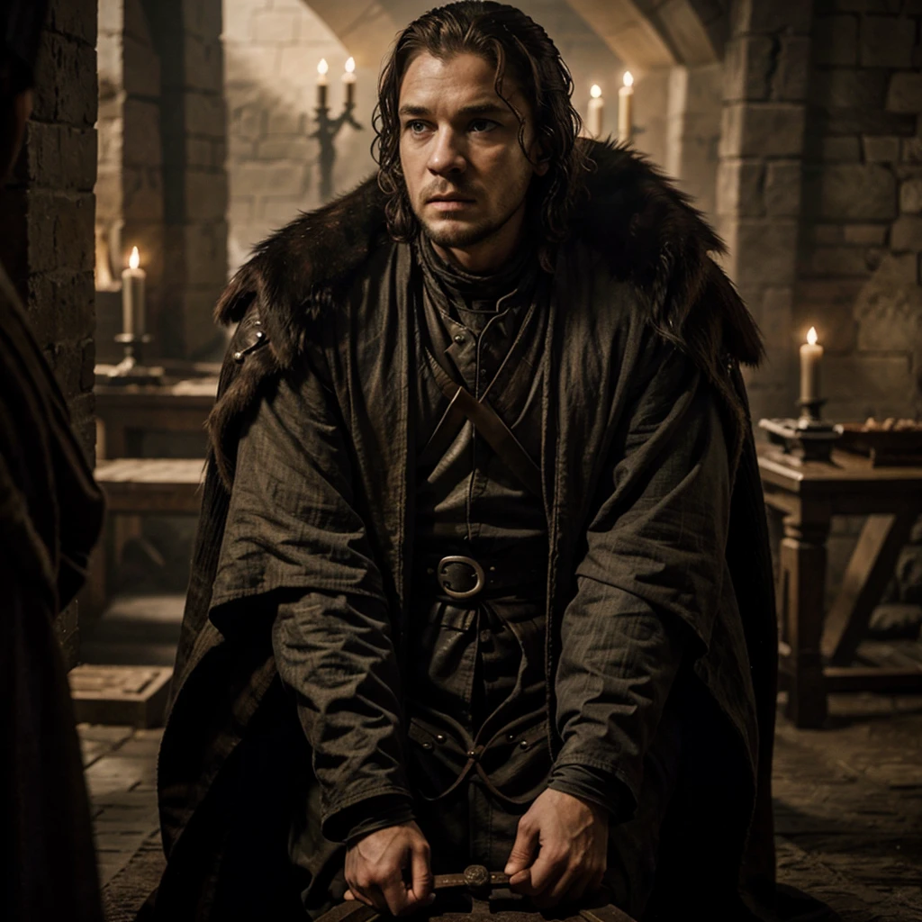 Game of Thrones men's outfit, a light beige suit with small gold details, the suit is made of brocade. The background shows the interior of the Great Sept of Baelor..