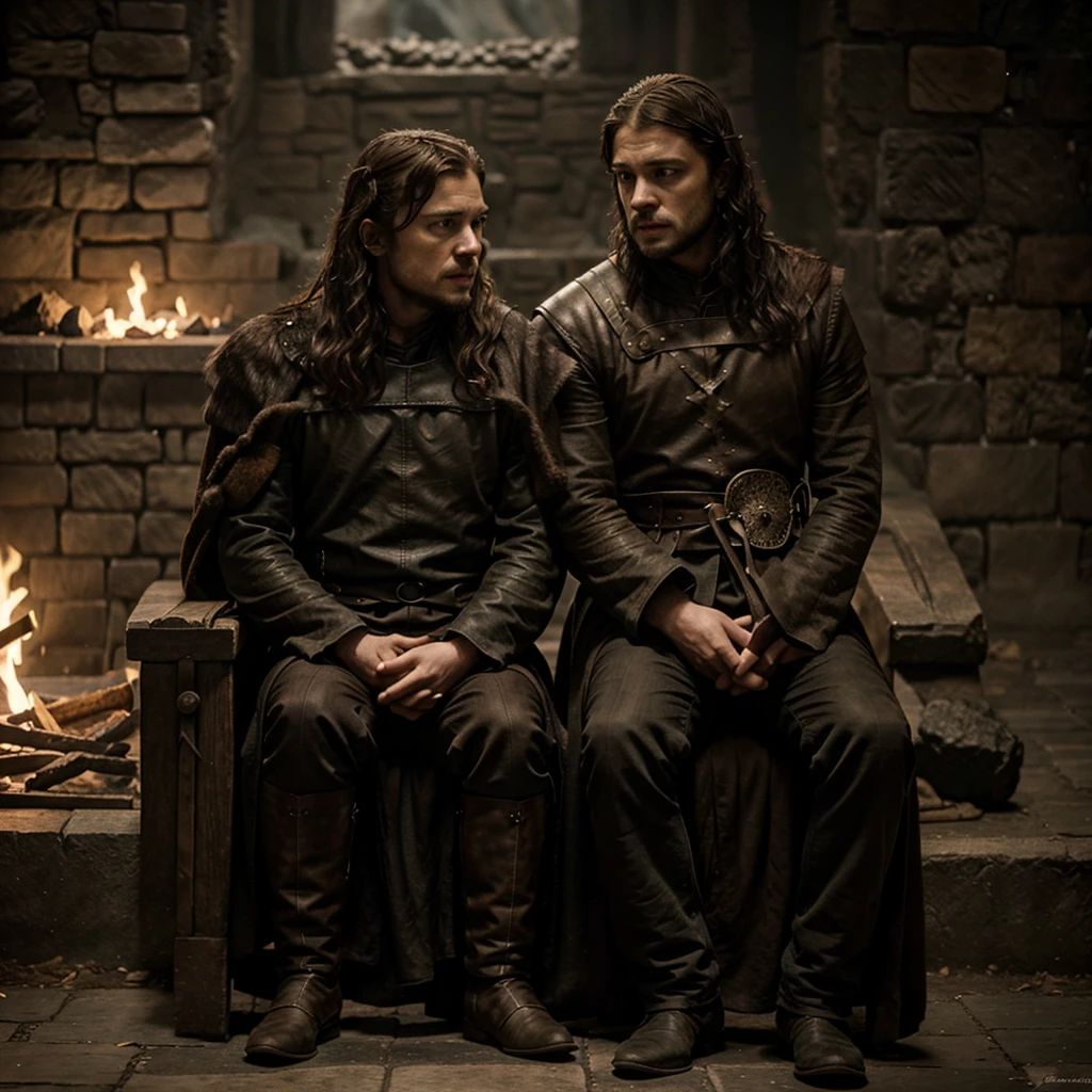 Game of Thrones men's outfit, a light beige suit with small gold details, the suit is made of brocade. The background shows the interior of the Great Sept of Baelor..