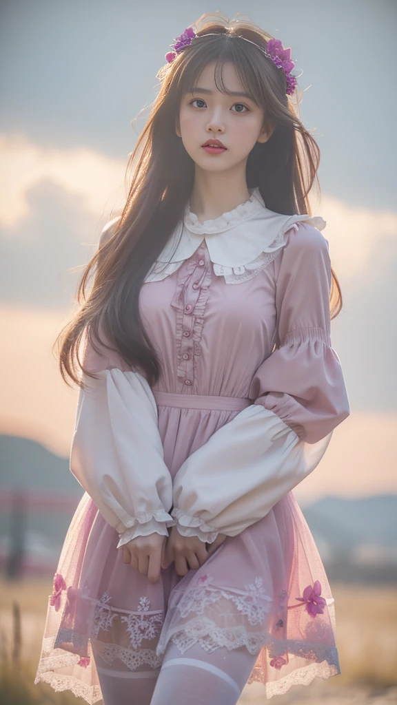8K, Ultra HD, masterpiece, 1 girl, Very cute face, Delicate eyes, Extra long hair, Delicate lips, Light makeup, very highly detailed costume, Lolita clothing, Magenta clothing, Strom Weather, cloud, Low lighting, an blowing, Black pantyhose