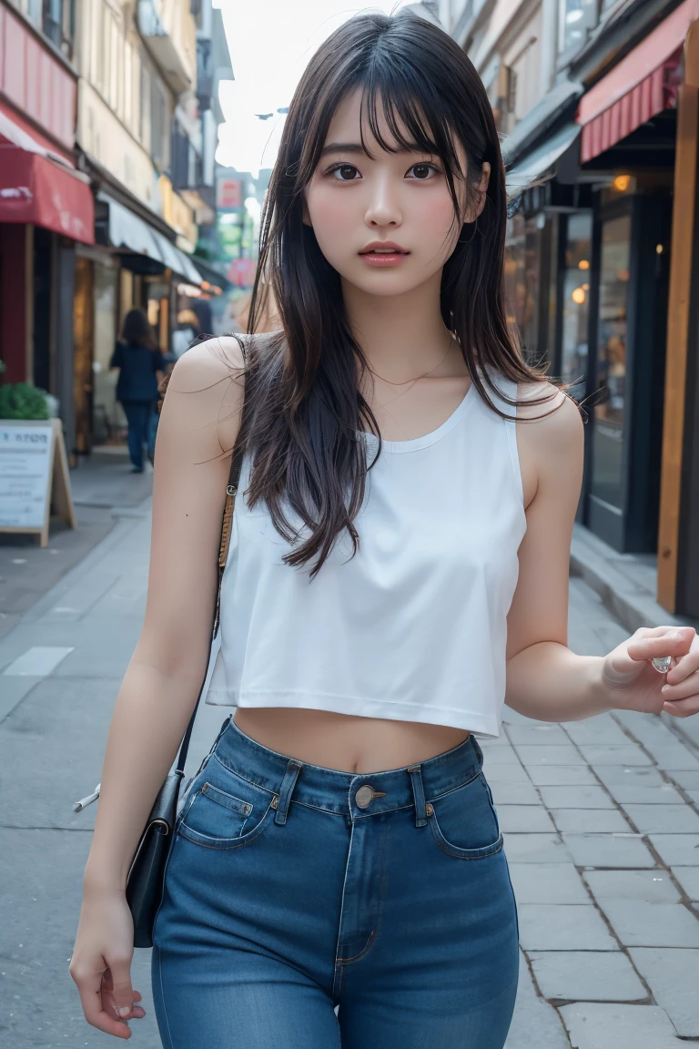 A 25-year-old young and beautiful Japanese woman showcasing casual fashion with a focus on tank tops. She has smooth, flawless skin, long silky black hair, and expressive, captivating eyes. The scene is set in various stylish urban environments, including bustling city streets, cozy cafes, and serene parks. The woman is wearing a variety of chic tank tops paired with jeans, skirts, and casual accessories. Each scene captures her natural beauty and effortless style, with warm, natural lighting and vibrant colors. The images should convey a sense of casual elegance and everyday beauty. The image should be captured as if by a famous photographer, using a Canon EOS R5 camera to ensure high realism and detail.