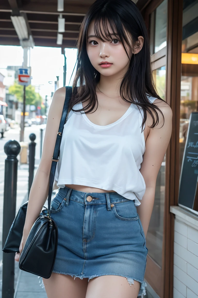 A 25-year-old young and beautiful Japanese woman showcasing casual fashion with a focus on tank tops. She has smooth, flawless skin, long silky black hair, and expressive, captivating eyes. The scene is set in various stylish urban environments, including bustling city streets, cozy cafes, and serene parks. The woman is wearing a variety of chic tank tops paired with jeans, skirts, and casual accessories. Each scene captures her natural beauty and effortless style, with warm, natural lighting and vibrant colors. The images should convey a sense of casual elegance and everyday beauty. The image should be captured as if by a famous photographer, using a Canon EOS R5 camera to ensure high realism and detail.