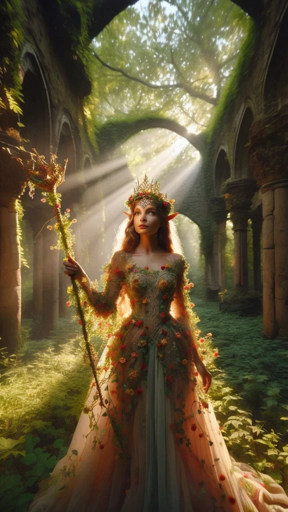 In a dappled, ancient forest ruin, an Elf Princess stands tall, her scepter raised high as beams of warm sunlight filter through the trees, casting a golden halo around her regalness. Her beautiful summer wear, enchanted clothing shimmers in the soft light covered in tiny miniature red multicolored flowers, and pea green and yellow tiny leaved vines, while lush foliage and vines surround her, creating a lush environment. The camera captures a sharp focus on the princess's face, with the rule of thirds composition placing her at the intersection of two diagonals. Shot during the golden hour, the scene exudes an ethereal mood, inviting the viewer to step into this mystical realm, fantasy, better_hands, Leonardo, Angela white, Enhance