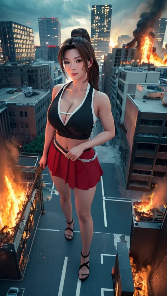 Beauty　masterpiece　Unreal Engine　Precision　Cute Girls　giant girl　(Mai Shiranui from a high rise building))　Brown hair ponytail　((A view from the sky)) Big fire　fire　Explosion burst into flames　Cleavage　((Destroyed city in flames)) ((Fire)) ((Destroyed buildings)) ((Destroyed cars)) ((Pile of rubble))  90's Giant Girl on the Road in the Big City Uniform Skirt ((Dim cloudy sky)) Female Giant huge girl full body Destroyed skyscrapers, destroyed cars, crowd Unreal Engine,