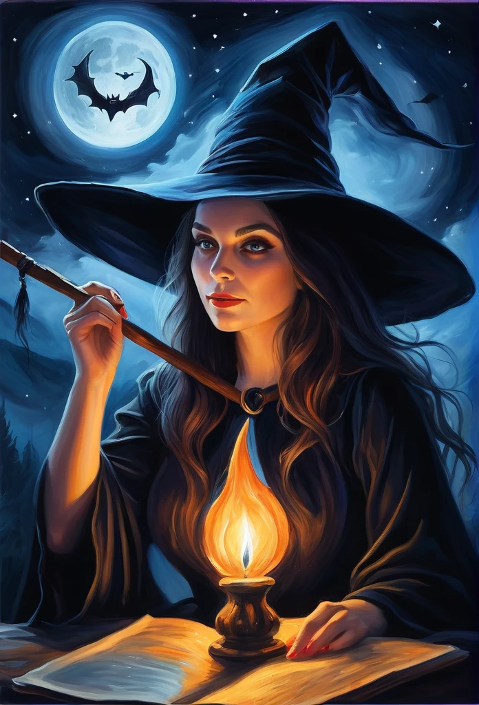 Witch acrylic painting effect, night, magical, realistic, Pencil effects