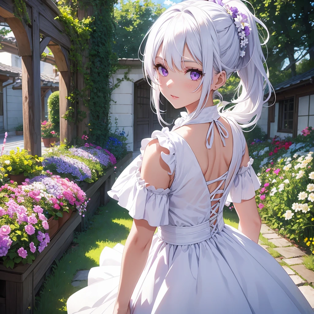 Girl, white hair ponytail, purple eyes, white light dress, flower garden, taking pictures of flower