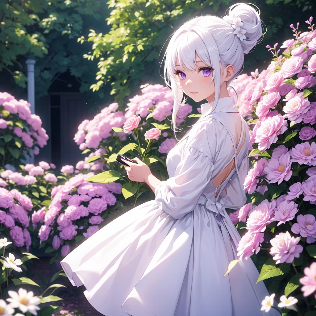 Girl, white hair ponytail, purple eyes, white light dress, flower garden, taking pictures of flower