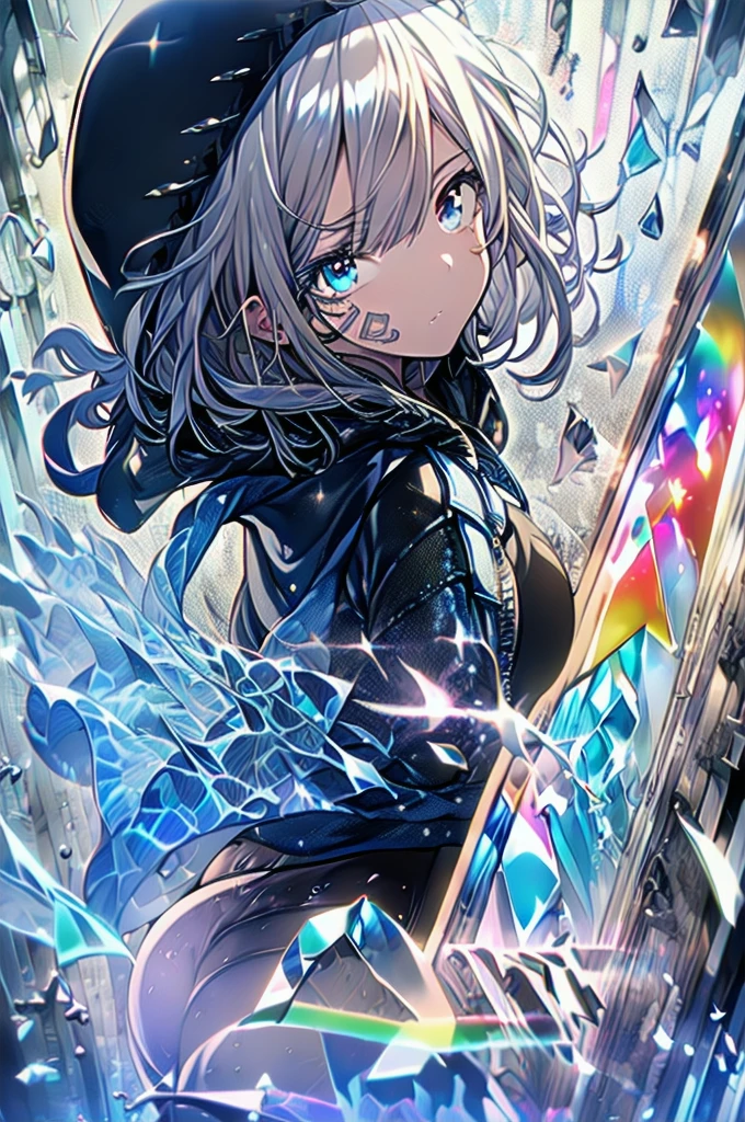 4k,Absurdres,Best quality,Masterpiece,Detailed illustration,Destructive art,Opulent,Insanely detailed,Ultra-highres,Ultra-detailed,Ultra detailed eyes,Ray Tracing,Illustrated,Reflected Light,(Dynamic angle:1.5),(Prism:1.5),1girl,Solo,(Big hood:1.5),(Hood up:1.5),(Hooded:1.5),(Dark blue jacket:1.5),(Black shirt:1.5),(Black leggings:1.5),(Blue eyes:1.5),(Gauze on face:1.5),(Long sideburns:1.5),(Medium hair:1.5),(Gray hair:1.5),(Hair over one eye:1.5),(Beautiful ass:1.5),(Breaking glass background:1.5),(Dark theme:1.5),(Looking at viewer:1.5),(Backlight:1.5),(Anime wallpaper:1.5)