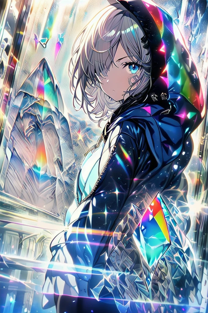 4k,Absurdres,Best quality,Masterpiece,Detailed illustration,Destructive art,Opulent,Insanely detailed,Ultra-highres,Ultra-detailed,Ultra detailed eyes,Ray Tracing,Illustrated,Reflected Light,(Dynamic angle:1.5),(Prism:1.5),1girl,Solo,(Big hood:1.5),(Hood up:1.5),(Hooded:1.5),(Dark blue jacket:1.5),(Black shirt:1.5),(Black leggings:1.5),(Blue eyes:1.5),(Gauze on face:1.5),(Long sideburns:1.5),(Medium hair:1.5),(Gray hair:1.5),(Hair over one eye:1.5),(Beautiful ass:1.5),(Breaking glass background:1.5),(Dark theme:1.5),(Looking at viewer:1.5),(Backlight:1.5),(Anime wallpaper:1.5)