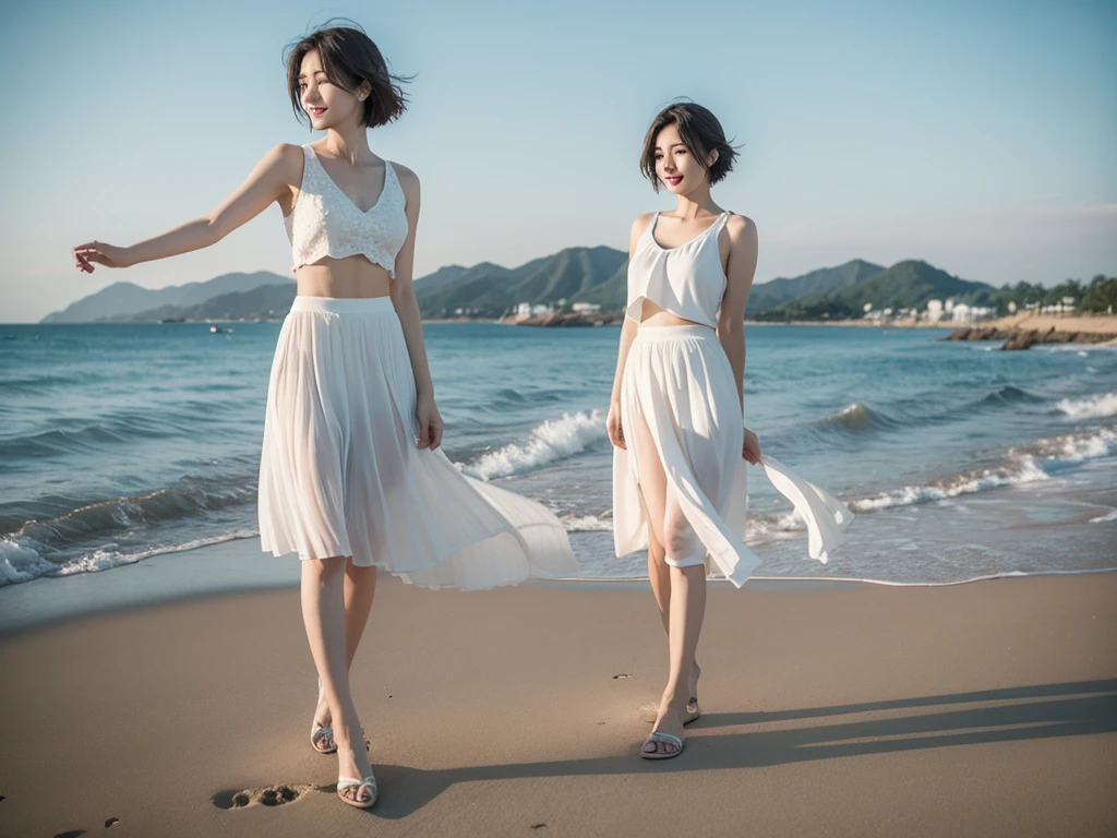 8K, blue, Beautiful 36-year-old short Korean woman, Chest size 34 inches, Wear sleeveless, light skirt. beautiful pretty woman look , wearing a light skirt , Short medium hair blowing in the wind, 1 short woman, beautiful eyes, I smile, Full-body photo taken from afar with a wide-angle lens, The background is clean and perfect., standing on a beautiful beach, wearing a light white skirt, 1 woman
