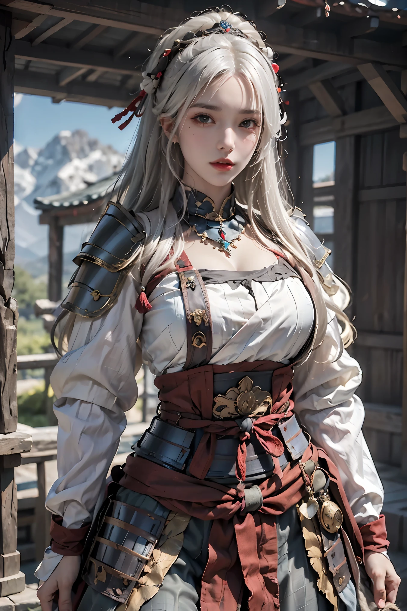 female,masterpiece, realistic, best quality, ultra detailed, hips up, long hair, white hair, jewelery, samurai armor, shogun armor