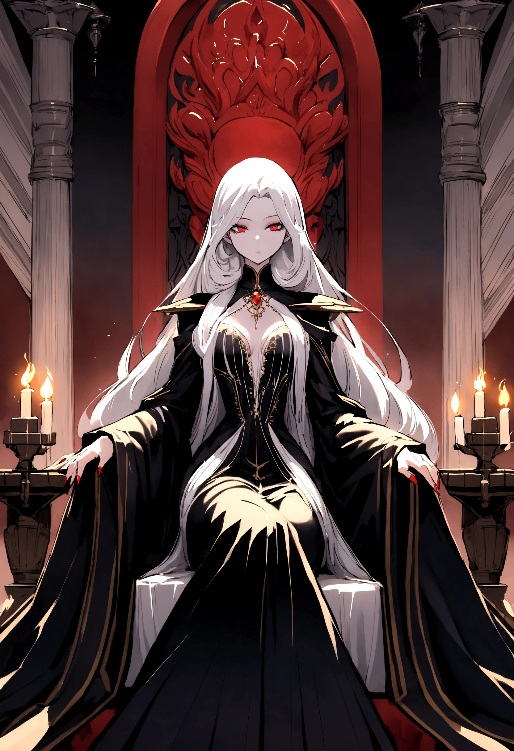 Description of the Vampire Empress, Progenitor, sitting on her throne:She is sitting on her throne in the main hall of the palace, radiating a presence that combines majesty and an aura of supernatural power. Her snow-white hair falls in soft waves over her shoulders., contrasting with her pale, perfect skin. Your eyes are deep red like rubies, emitting a hypnotic glow that reveals its ancient nature and its dominance over all vampires.Dressed in a long black velvet dress, richly adorned with silver and pearl details that sparkle in the candlelight and torches surrounding it, she embodies elegance and power that transcends centuries. Every detail of your outfit highlights your slender and attractive figure., as she stands tall with a posture that commands respect and reverence.The palace hall is a masterpiece of Gothic architecture, with imposing black marble columns and tapestries that depict the epic story of his reign over vampires. The light from the torches creates a play of shadows and reflections on the walls adorned with ancestral symbols and emblems of vampiric power..She dominates her throne with sovereign serenity, his eyes sweeping the hall with a gaze that reveals his immortal wisdom and a power that transcends the limits of time. Every gesture is deliberate and full of meaning, as she rules her dark kingdom with an authority that is both feared and revered by all who serve her.