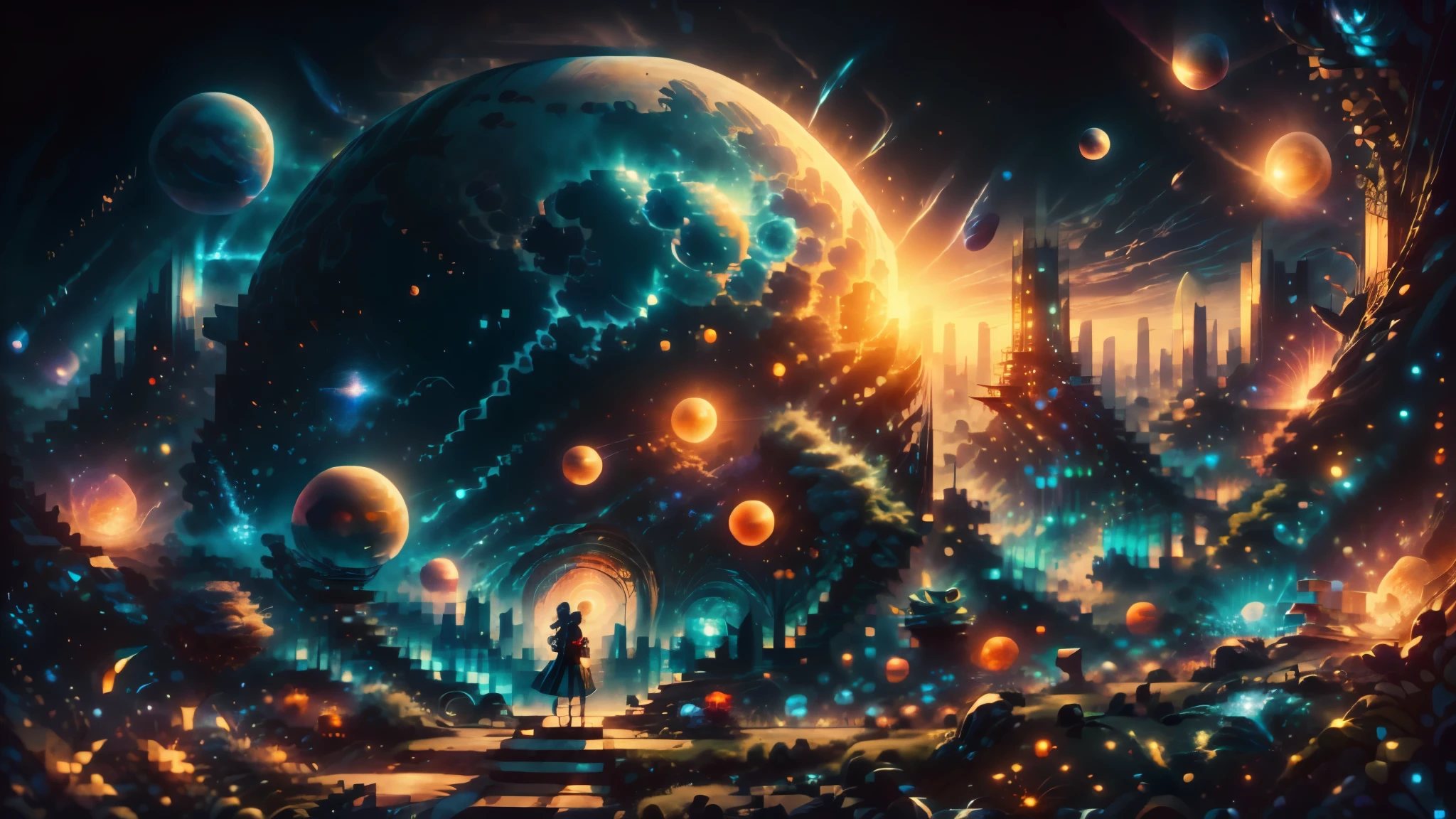 there is a woman standing in front of a painting of a planet, futuristic city in background, psytrance artwork, interconnected human lifeforms, panoramic view of girl, progressive rock album cover, dream of the endless, star dust, galaxy, stoner rock --ar 16:9 --v 5.1