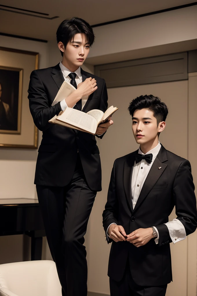 (Masterpiece、Perfect beauty), (Young Man, Black short hair), (secretary, suit, formal), President's office, Modern Office,Subdued lighting,