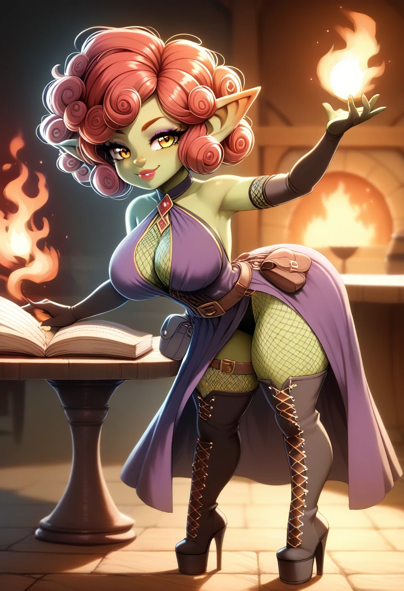 Girl, goblin girl, goblin, green skin, short, short stature, short hair, red hair, curly hair, large breasts, long gloves, thigh boots, pouty lips, masterpiece, best quality, sexy, dynamic pose, 8k, shortstack, sfw, shiny, fantasy, dungeons and dragons, high heels, fishnets, holding, dark green skin, adventurer, slutty pose, sorcerer, sorceress, pyromancer, fire and ice, magic, fire and ice magic, long detailed slutty colorful dress, thigh pouch, very curly hair, lots of belts, curly hairstyle, lipstick, rosy cheeks, smile, eyeshadow, eye liner, belt on hip, magic, magic dress, very detailed, magic user, puffy lips, bright colors, pose bending over table, location fantasy tavern, view across the table