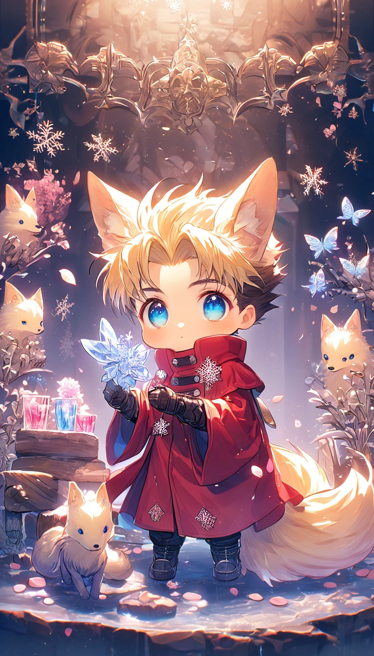 Ultra detailed, HDR, Highres, absurdres, master piece, Vash Stampede chibi, blond hair, expressive blue eyes, red clothes, Trigun, white fox, Ninetales, expressive blue eyes, glass, ice glittering butterflies, ice, petals, pink ice glass flowers, cute, glittering, water, fantasy, magical, snowflakes, cold, small and cute, glass