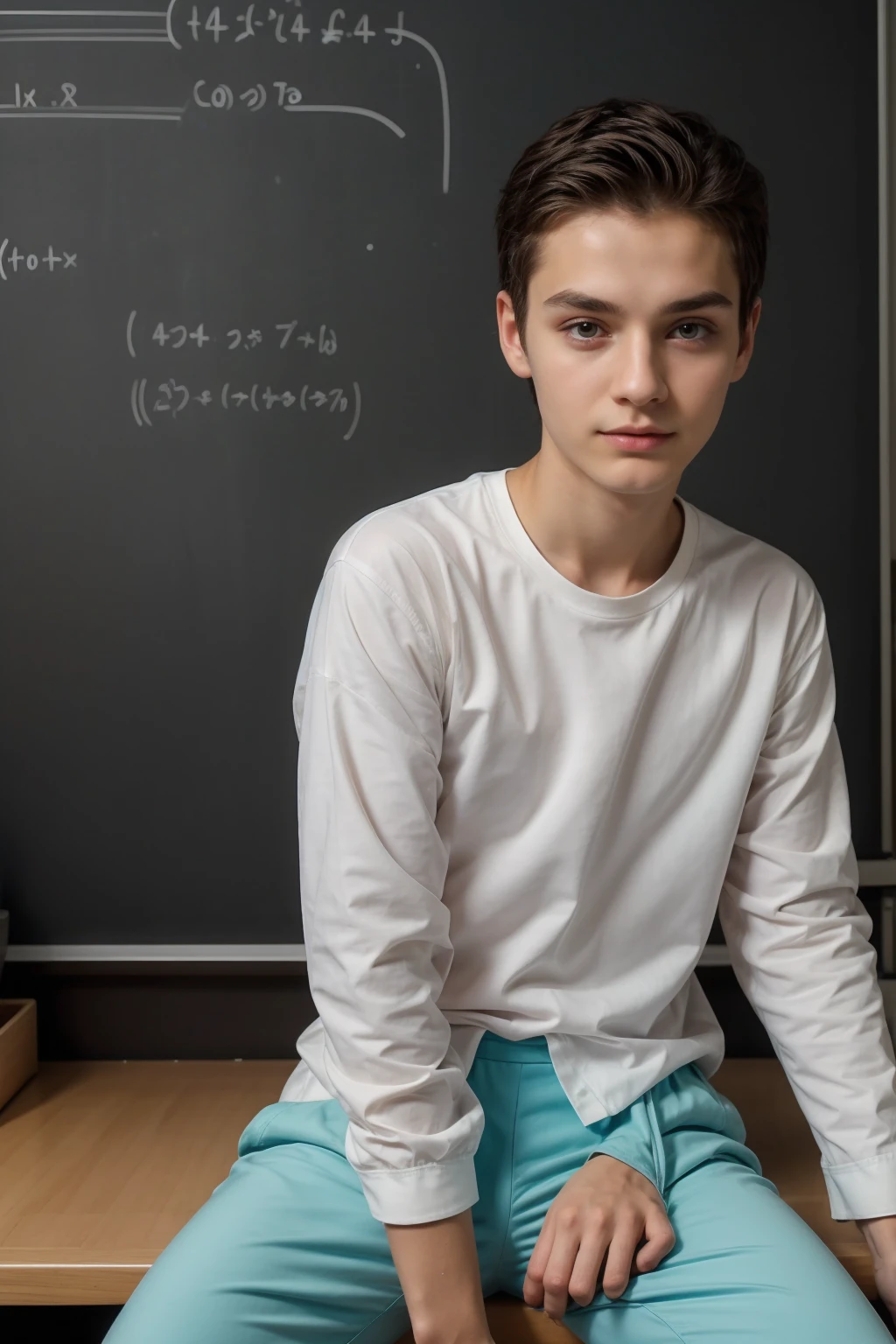 A beautiful young male twink with black hair and a face with make-up on it. He has a white face and he is wearing a white long-sleeved shirt with a tight fit and aqua blue pants. He is in his scientific office and behind him is a blackboard on which is written the shape of the brain and its anatomy and mathematical equations and he is sitting.  On a desk