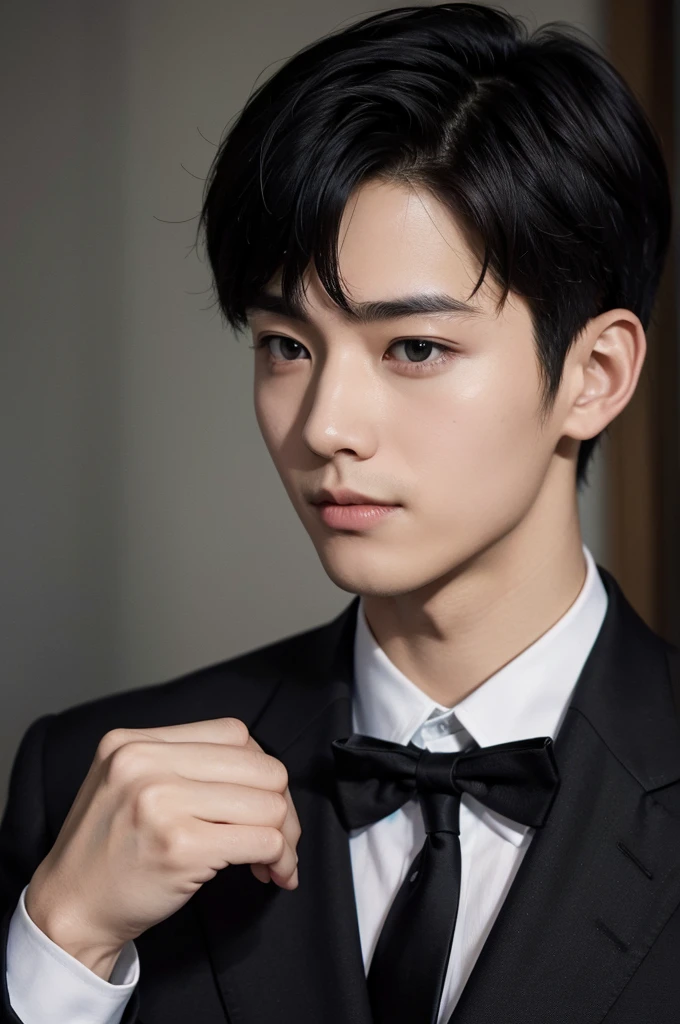 (Masterpiece、Perfect beauty), (Young Man, Black short hair), (secretary, suit, formal), President&#39;s office, Modern Office,Subdued lighting,