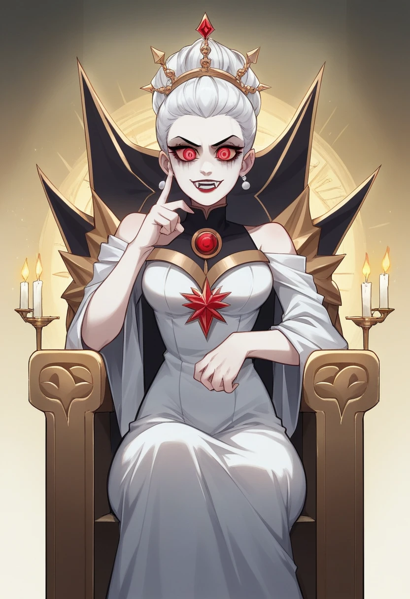 Description of the Vampire Empress, Progenitor, sitting on her throne:She is sitting on her throne in the main hall of the palace, radiating a presence that combines majesty and an aura of supernatural power. Her snow-white hair falls in soft waves over her shoulders., contrasting with her pale, perfect skin. Your eyes are deep red like rubies, emitting a hypnotic glow that reveals its ancient nature and its dominance over all vampires.Dressed in a long black velvet dress, richly adorned with silver and pearl details that sparkle in the candlelight and torches surrounding it, she embodies elegance and power that transcends centuries. Every detail of your outfit highlights your slender and attractive figure., as she stands tall with a posture that commands respect and reverence.The palace hall is a masterpiece of Gothic architecture, with imposing black marble columns and tapestries that depict the epic story of his reign over vampires. The light from the torches creates a play of shadows and reflections on the walls adorned with ancestral symbols and emblems of vampiric power..She dominates her throne with sovereign serenity, his eyes sweeping the hall with a gaze that reveals his immortal wisdom and a power that transcends the limits of time. Every gesture is deliberate and full of meaning, as she rules her dark kingdom with an authority that is both feared and revered by all who serve her.