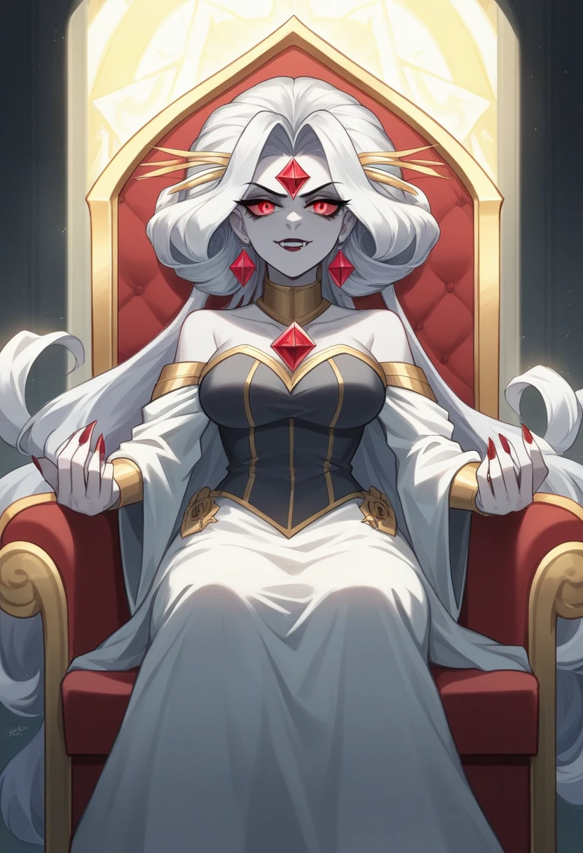 Description of the Vampire Empress, Progenitor, sitting on her throne:She is sitting on her throne in the main hall of the palace, radiating a presence that combines majesty and an aura of supernatural power. Her snow-white hair falls in soft waves over her shoulders., contrasting with her pale, perfect skin. Your eyes are deep red like rubies, emitting a hypnotic glow that reveals its ancient nature and its dominance over all vampires.Dressed in a long black velvet dress, richly adorned with silver and pearl details that sparkle in the candlelight and torches surrounding it, she embodies elegance and power that transcends centuries. Every detail of your outfit highlights your slender and attractive figure., as she stands tall with a posture that commands respect and reverence.The palace hall is a masterpiece of Gothic architecture, with imposing black marble columns and tapestries that depict the epic story of his reign over vampires. The light from the torches creates a play of shadows and reflections on the walls adorned with ancestral symbols and emblems of vampiric power..She dominates her throne with sovereign serenity, his eyes sweeping the hall with a gaze that reveals his immortal wisdom and a power that transcends the limits of time. Every gesture is deliberate and full of meaning, as she rules her dark kingdom with an authority that is both feared and revered by all who serve her.