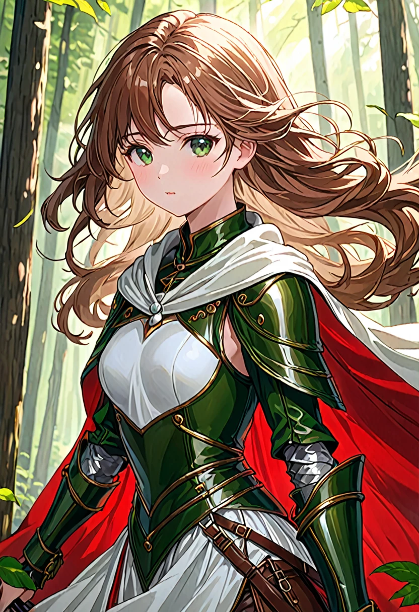 Masterpiece, ultra detailed, 8k portrait, photo and gross, A portrait photo of, Very detailed face, 
beautiful and meticulous eyes, ((Fancy)), young beautiful, (((Expressionless))), (((female soldier))),
 high, long wavy hair, gentle face, (((skin as white as pearl))), ((chestnut)), lock of hair (( red)), 
(((long white silk cape))) fluttering in the wind, (((dark green and brown cloth armor))), leather boots,
 (((Restless Posing))), ((equip a rapier)), (((with the spirit of the wind))), midday sun, Hyper realistic, 
body model, small breasts, Beautiful breasts, long legs, in a deep forest, Ambient lighting (cool tones), 
shadow details, camera focus on face, strong breeze, Light fog