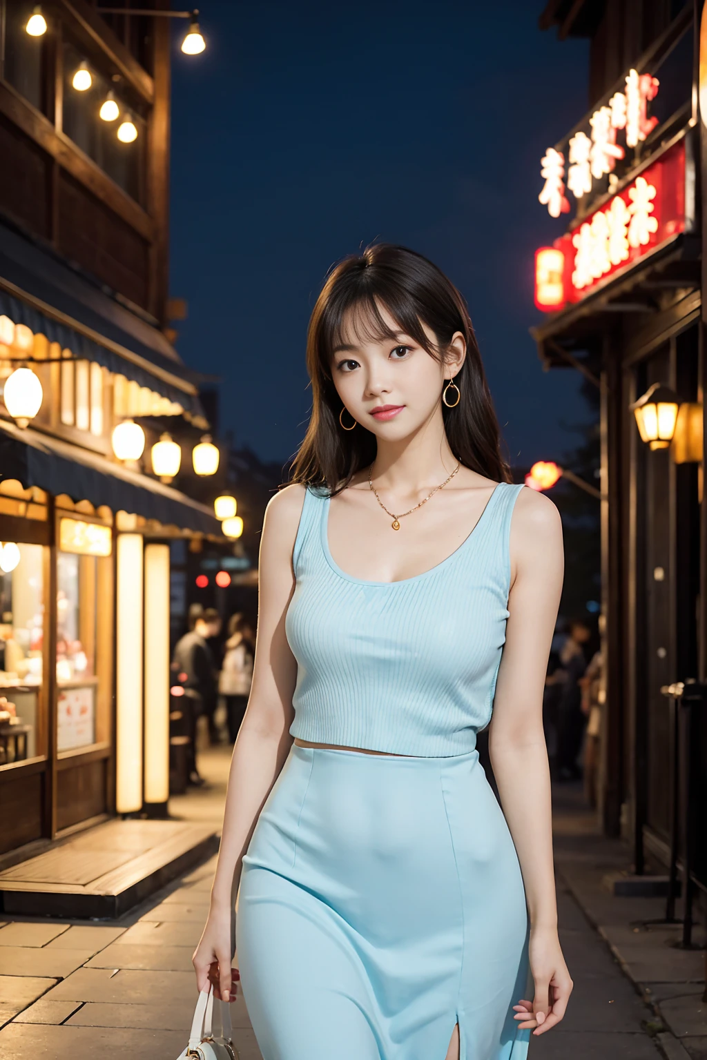 「Beautiful Japanese woman in her early 20s。Short, lightly wavy brown hair style。A kind smile。She was wearing a tight pastel blue dress.、A fitted top that accentuates large breasts、A tight skirt that accentuates the thighs and buttocks。Wear a thin white cardigan、She is wearing a small necklace and earrings。With clear skin、Photorealistic but with a touch of anime。Night city background、A date scene in front of a cafe or restaurant with shining illuminations。With a small handbag in her hand、Talking while walking。In a romantic atmosphere、Background with hazy light effect。Poses and angles that emphasize the female curves。」