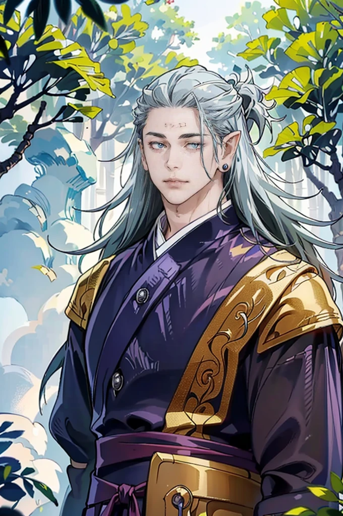 (tmasterpiece, high resolution, ultra - detailed:1.0), (1boy, Young male), Perfect male body, Eyes look at the camera, Extremely detailed CG, Unity 8k wallpaper, Complicated details, solo person, Detailed face, (half closed eyes,Silver eyes,Noble expression，sliver long hair,silver silk robe,Jewelry forehead jewelry,Elf crown),out doors, forest,trees and flowers,waterfalls, Elven robe,Elven headdress, Expose forehead, color difference, Depth of field, dramatic shadow, Ray tracing, Best quality, offcial art,