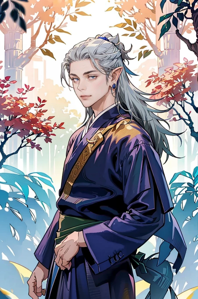 (tmasterpiece, high resolution, ultra - detailed:1.0), (1boy, Young male), Perfect male body, Eyes look at the camera, Extremely detailed CG, Unity 8k wallpaper, Complicated details, solo person, Detailed face, (half closed eyes,Silver eyes,Noble expression，sliver long hair,silver silk robe,Jewelry forehead jewelry,Elf crown),out doors, forest,trees and flowers,waterfalls, Elven robe,Elven headdress, Expose forehead, color difference, Depth of field, dramatic shadow, Ray tracing, Best quality, offcial art,