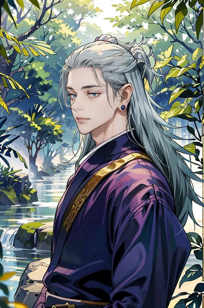 (tmasterpiece, high resolution, ultra - detailed:1.0), (1boy, Young male), Perfect male body, Eyes look at the camera, Extremely detailed CG, Unity 8k wallpaper, Complicated details, solo person, Detailed face, (half closed eyes,Silver eyes,Noble expression，sliver long hair,silver silk robe,Jewelry forehead jewelry,Elf crown),out doors, forest,trees and flowers,waterfalls, Elven robe,Elven headdress, Expose forehead, color difference, Depth of field, dramatic shadow, Ray tracing, Best quality, offcial art,