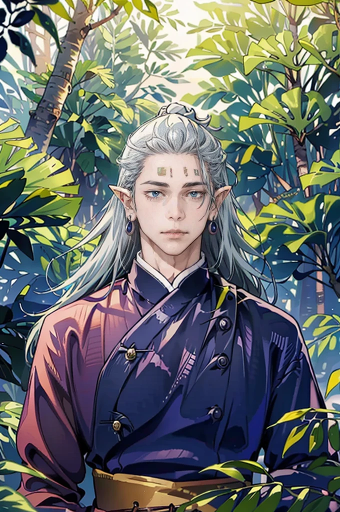 (tmasterpiece, high resolution, ultra - detailed:1.0), (1boy, Young male), Perfect male body, Eyes look at the camera, Extremely detailed CG, Unity 8k wallpaper, Complicated details, solo person, Detailed face, (half closed eyes,Silver eyes,Noble expression，sliver long hair,silver silk robe,Jewelry forehead jewelry,Elf crown),out doors, forest,trees and flowers,waterfalls, Elven robe,Elven headdress, Expose forehead, color difference, Depth of field, dramatic shadow, Ray tracing, Best quality, offcial art,