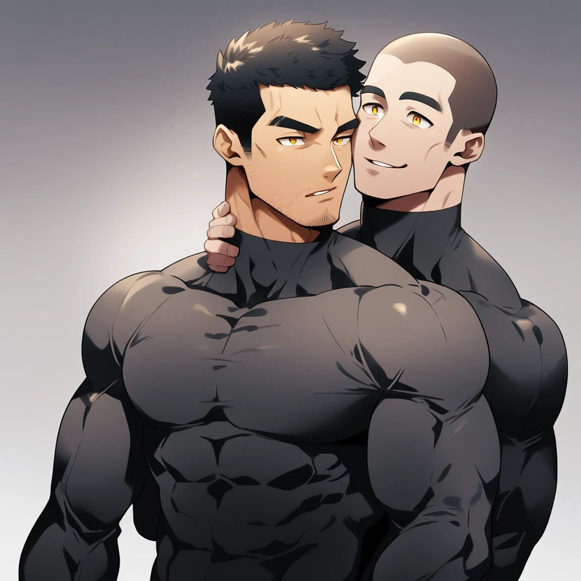 anime characters:Two superheroes in tights, Muscle Sports Student and Muscle No Face skinhead superhero, No Face,negro black skin, They hugged and kissed each other, Bite your neck, Caress, Manliness, male focus, Yellow and black high collar long sleeve tight T-shirt, Slightly transparent material, Very tight, Round, full and perky chest muscles, Muscle waist, Slightly transparent, muscular male, muscular, only, Upper body, alone, Black short hair, Thick eyebrows, stubble, Yellow eyes, Grey background, simple background, amazing quality, best aesthetics, Ridiculous, bright pupils, crew cut, parted lips, seductive smile, torogao, naughty face, drop shadow, best quality