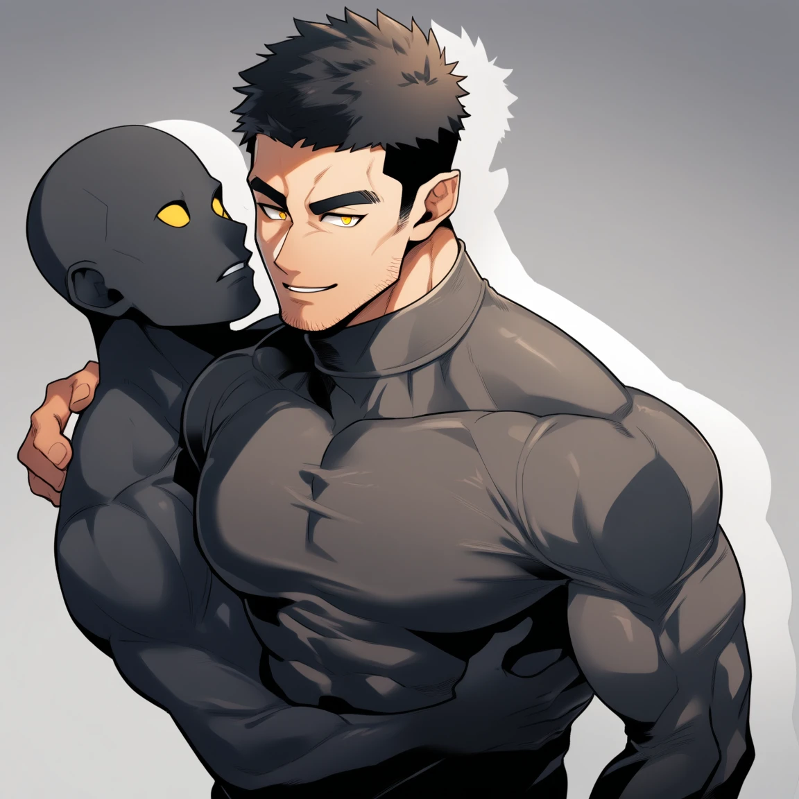 anime characters：Two superheroes in tights, Muscle Sports Student and Muscle No Face skinhead superhero, No Face，negro black skin, They hugged and kissed each other, Bite your neck, Caress, Manliness, male focus, Yellow and black high collar long sleeve tight T-shirt, Slightly transparent material, Very tight, Round, full and perky chest muscles, Muscle waist, Slightly transparent, muscular male, muscular, only, Upper body, alone, Black short hair, Thick eyebrows, stubble, Yellow eyes, Grey background, simple background, amazing quality, best aesthetics, Ridiculous, bright pupils, crew cut, parted lips, seductive smile, torogao, naughty face, drop shadow, best quality